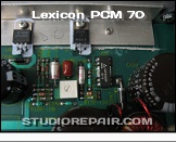 Lexicon PCM 70 - Power Supply * The switched-mode part of the PSU generates the +5V rail for the common digital circuits. The C122 thyristor isn't part of the regulator but a crowbar device safeguarding the +5V power rail against overvoltages. And watch the neat grinding line straight through the ground plane…