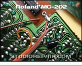 Roland MC-202 - CV/Gate Modification * Cut and trace for control voltage insertion.