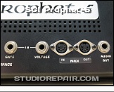 Sequential Circuits Prophet-5 - Rear Jacks * SCI Model 1000 Rev 3.3: CV/Gate In, MIDI I/O, Audio Out